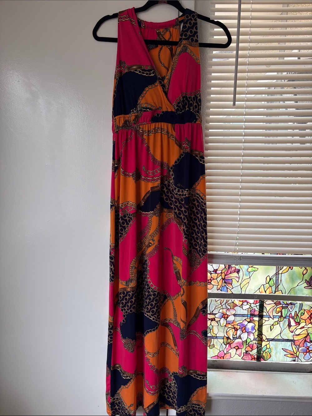Glamour Fuchsia Navy and Orange Chain-Print Maxi Dress